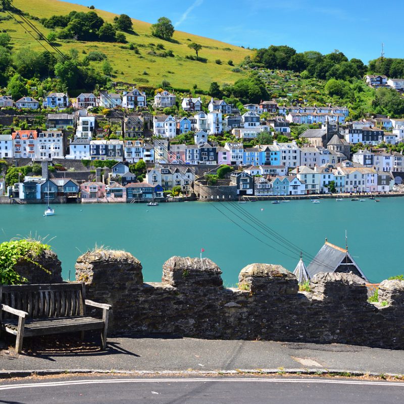 An elevated view from Kingswear, across the River Dart to Fort Bayard and Dartmouth